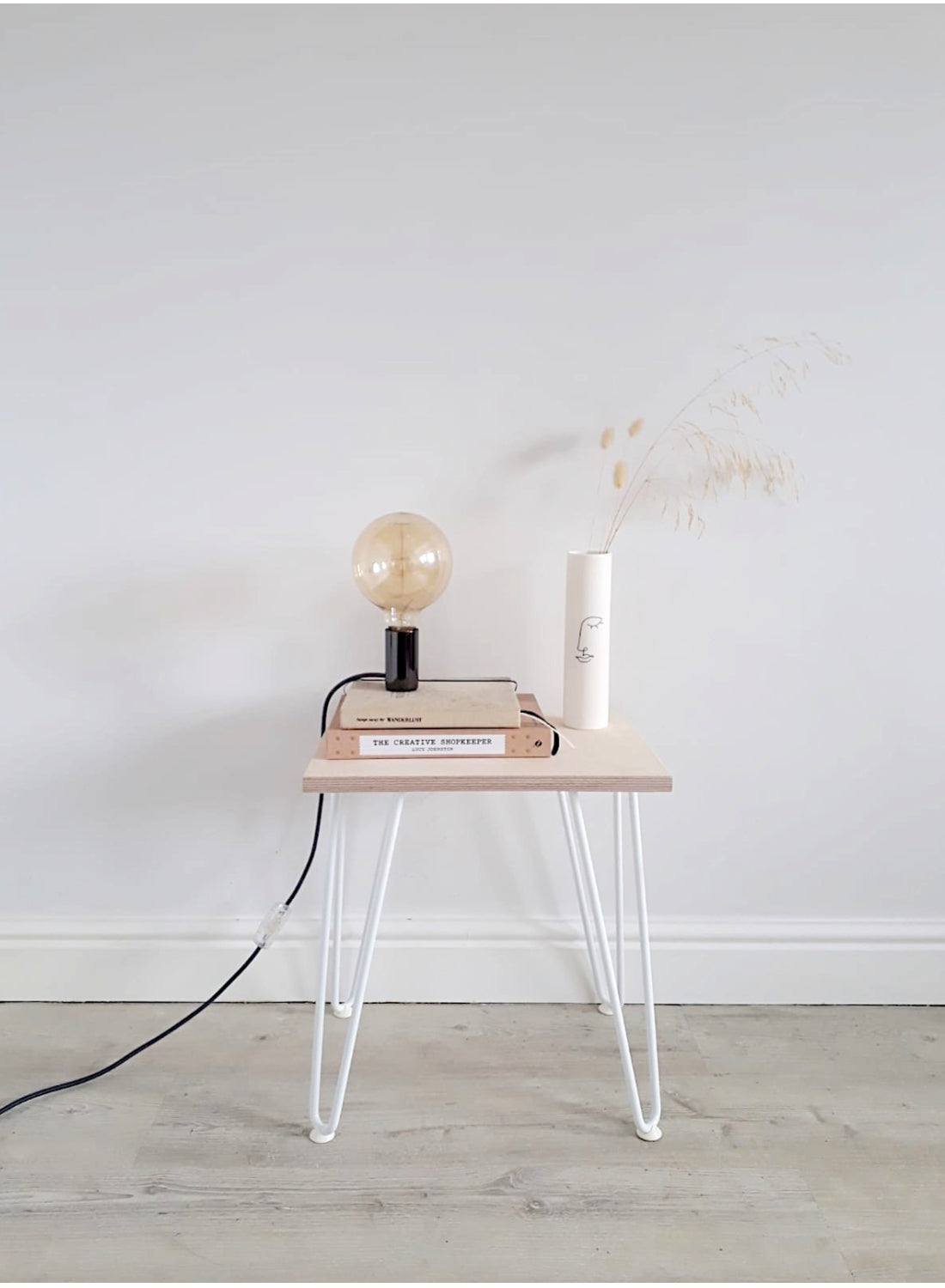 Scandi Low Bedside Table with White Hairpin Legs