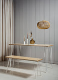 Scandi Dining Table + Bench with White Hairpin Legs